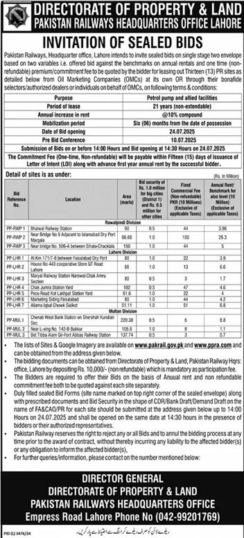 Pakistan Railways Headquarter Lahore Tender Notice